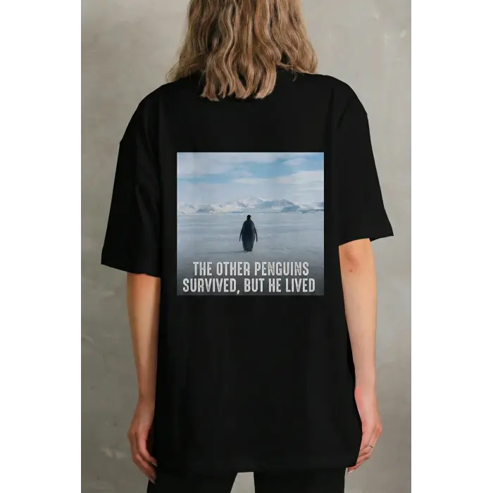 Kadın T-Shirt Penguen Baskılı Bisiklet Yaka Kısa kol yazlık Tişört - Siyah