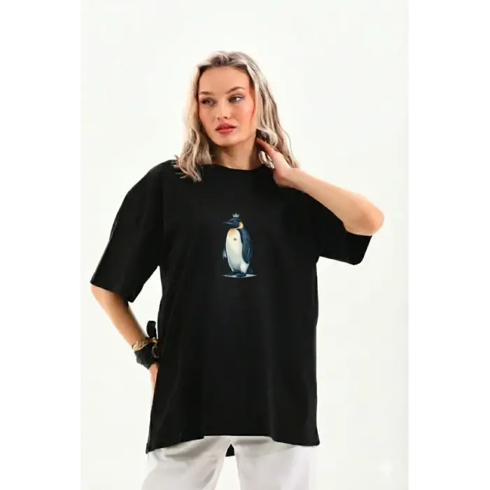 Kadın T-Shirt Penguen Baskılı Bisiklet Yaka Kısa kol yazlık Tişört - Siyah