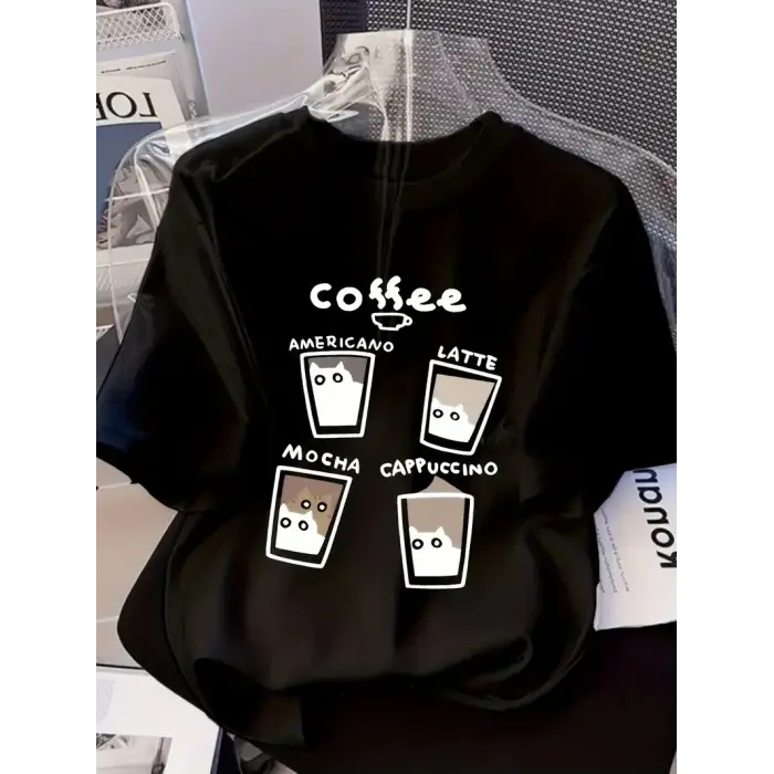 Kadın Kısa Kol Yazlık Tişört Bisiklet Yaka Baskılı Oversize T-Shirt - Siyah