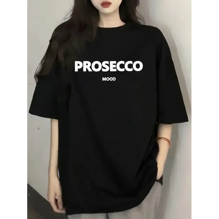 Kadın Kısa Kol Yazlık Tişört Bisiklet Yaka Baskılı Oversize T-Shirt - Siyah