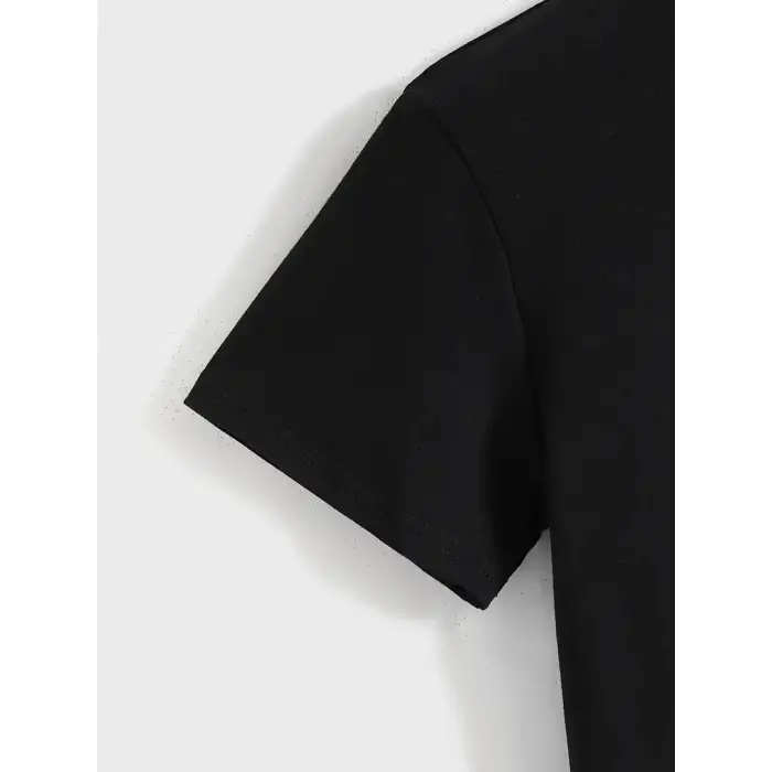Kadın Baskılı Tişört Kısa Kol Bisiklet Yaka T-shirt - Siyah