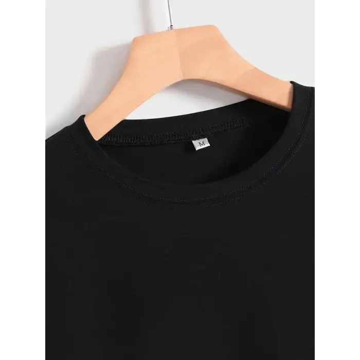 Kadın Baskılı Tişört Kısa Kol Bisiklet Yaka T-shirt - Siyah