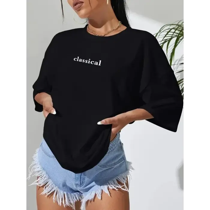 Kadın T-shirt Penye Compack Classical Baskılı Kısa kol Tişört - Siyah