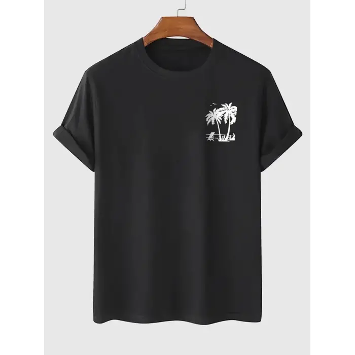 Erkek Kısa Kol Yazlık Tişört Bisiklet Yaka Palmiye Baskılı T-Shirt - Siyah