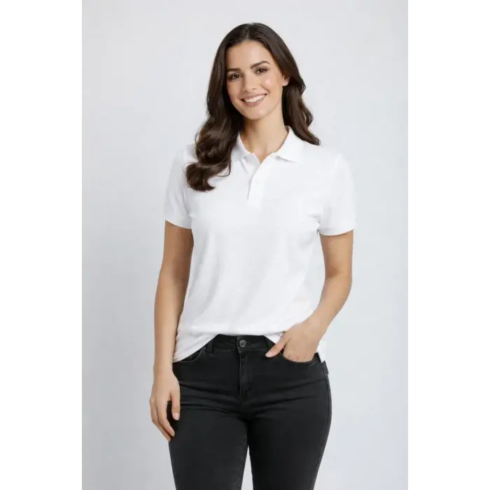 Kadın Polo Yaka Tişört Pike Kumaş Kısa Kol Regular Fit Yazlık T-Shirt - Beyaz