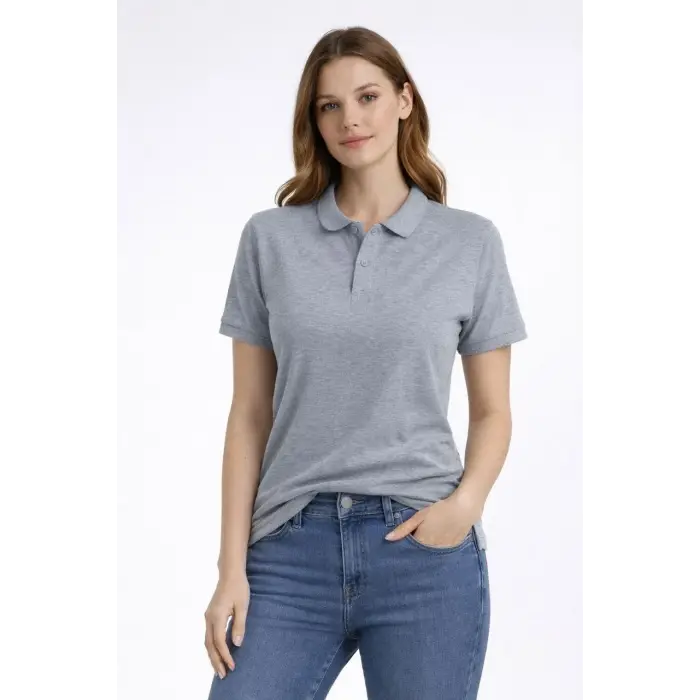 Kadın Polo Yaka Tişört Pike Kumaş Kısa Kol Regular Fit Yazlık T-Shirt - Gri