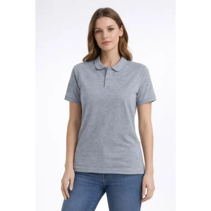 Kadın Polo Yaka Tişört Pike Kumaş Kısa Kol Regular Fit Yazlık T-Shirt - Gri