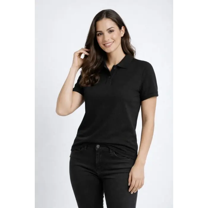 Kadın Polo Yaka Tişört Pike Kumaş Kısa Kol Regular Fit Yazlık T-Shirt - Siyah