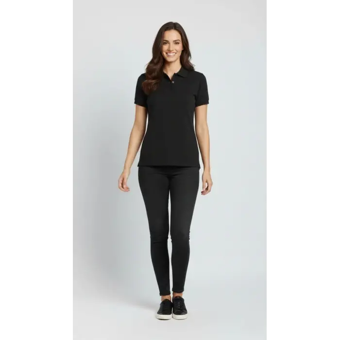 Kadın Polo Yaka Tişört Pike Kumaş Kısa Kol Regular Fit Yazlık T-Shirt - Siyah