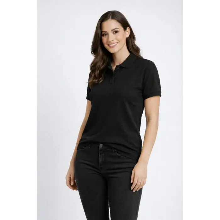 Kadın Polo Yaka Tişört Pike Kumaş Kısa Kol Regular Fit Yazlık T-Shirt - Siyah