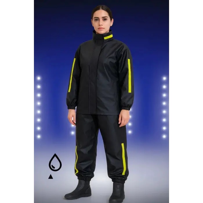 Kadın Premium Motorcu Kurye Yağmurluk Takım Su Geçirmez PVC Reflektörlü Siyah