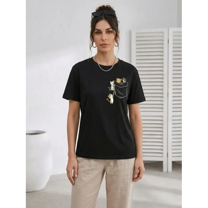 Kadın Sevimli Kedi Cep Baskılı Tişört Kısa Kol Yazlık T-Shirt - Siyah