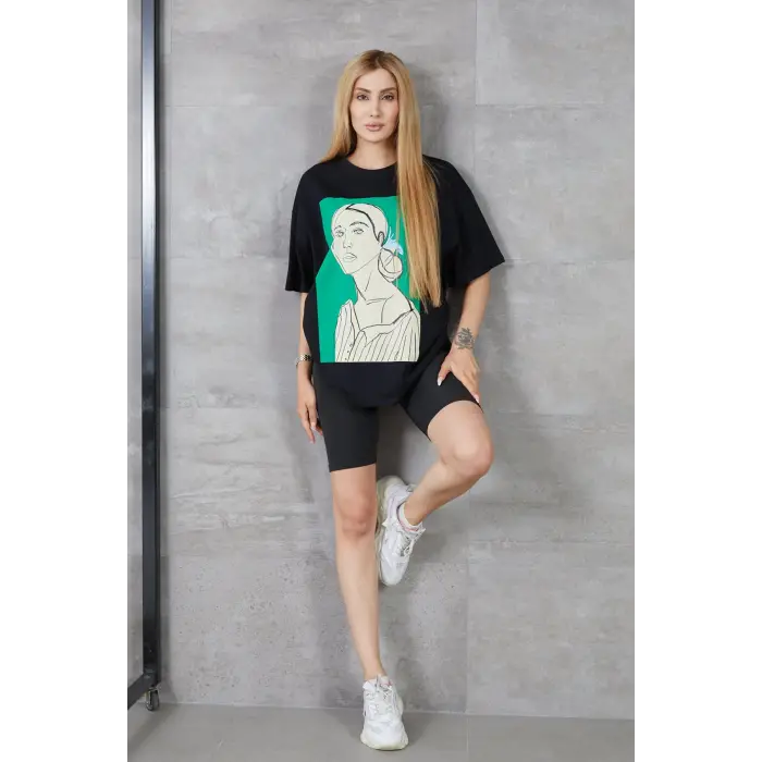 Kadın Silüet Baskılı Bisiklet Yaka Oversize T-shirt