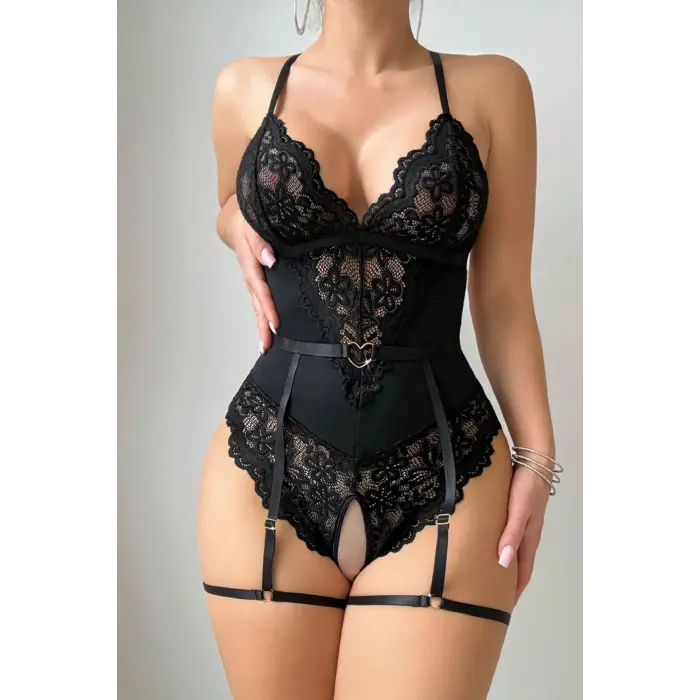 Kadın Siyah Dantel Jartiyerli Bodysuit Gecelik - Kemer Detaylı H110422