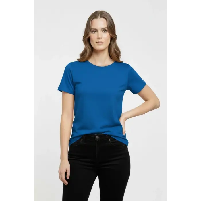 Kadın T-Shirt Bisiklet Yaka Slim Fit Likralı Tişört Yazlık Basic Body - İndigo