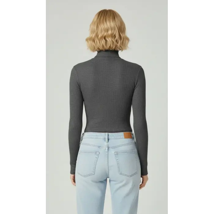 Kadın Tam Boğazlı Fitilli Likrali Kaşkorse Slimfit Badi  - Antrasit