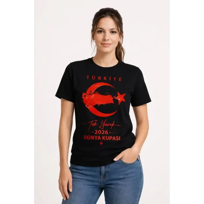 Kadın TÜRKİYE Ay Yıldız 2026 Dünya Kupasi Taraftar Forma T-Shirt - Siyah