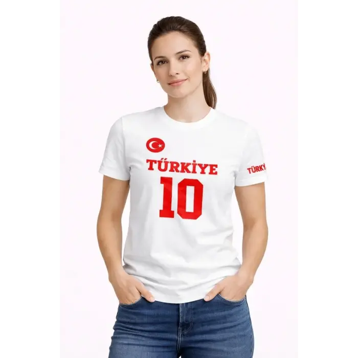 Kadın TÜRKİYE Ay Yıldız Baskılı 10 Numara Forma Tişört Taraftar T-Shirt - Beyaz