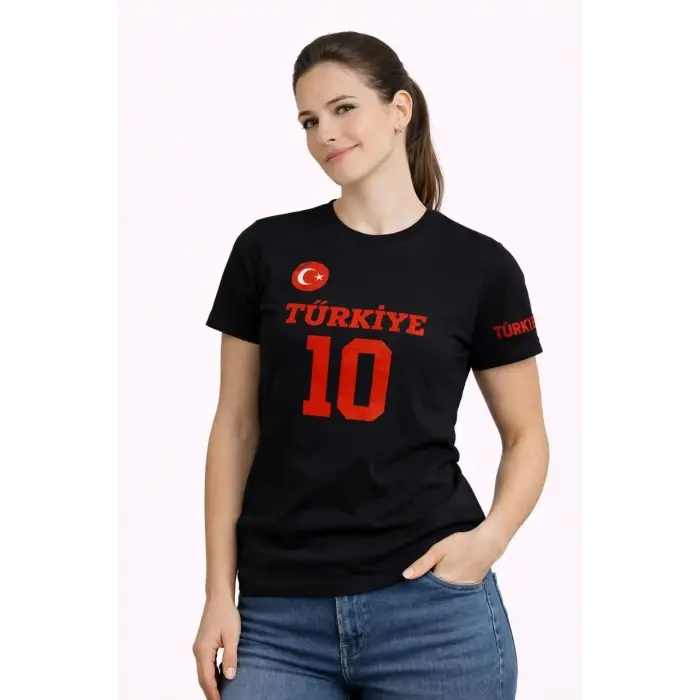 Kadın TÜRKİYE Ay Yıldız Baskılı 10 Numara Forma Tişört Taraftar T-Shirt - Siyah