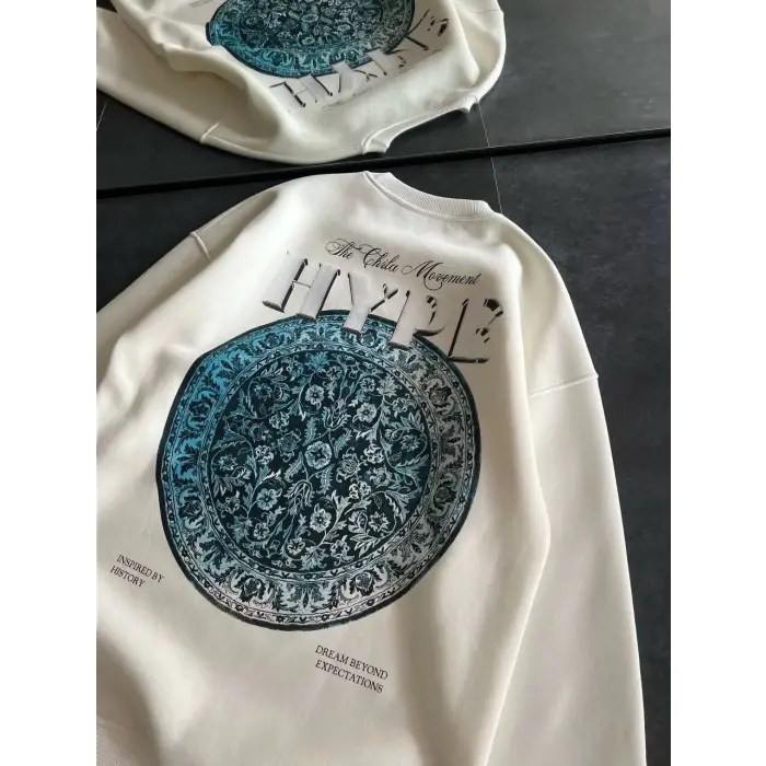 Kadın 3 İplik Pamuklu Bisiklet Yaka Baskılı SweatShirt - Beyaz