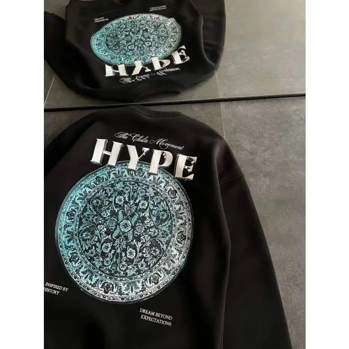 Kadın 3 İplik Pamuklu Bisiklet Yaka Baskılı SweatShirt - Siyah