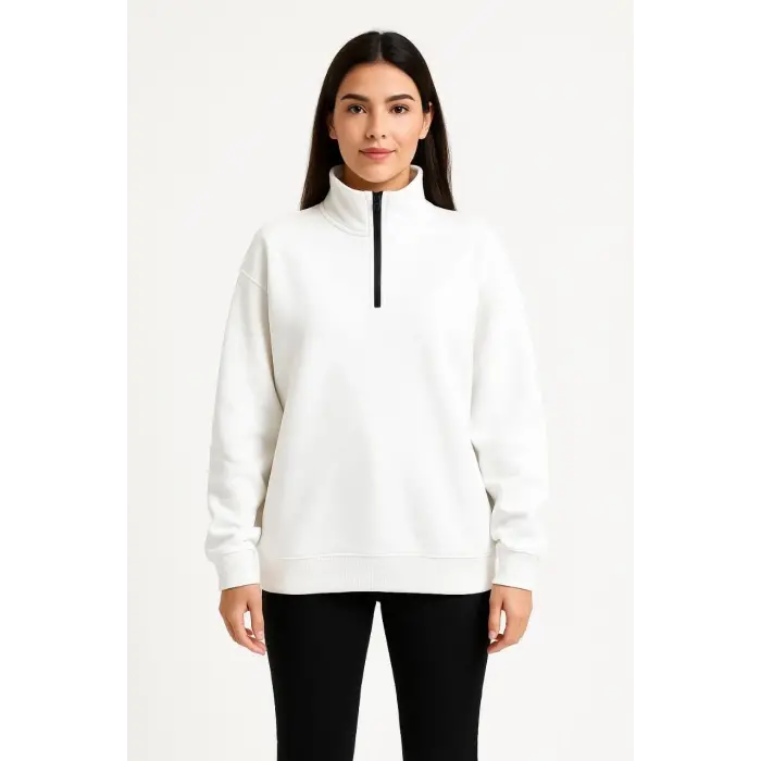 Kadın 3 İplik Pamuklu Dık Yaka Yarım Fermuarlı SweatShirt - Beyaz