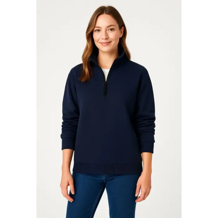 Kadın 3 İplik Pamuklu Dık Yaka Yarım Fermuarlı SweatShirt - Lacivert