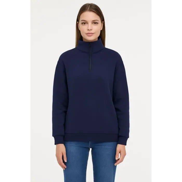 Kadın 3 İplik Pamuklu Dık Yaka Yarım Fermuarlı SweatShirt - Lacivert