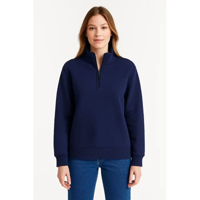 Kadın 3 İplik Pamuklu Dık Yaka Yarım Fermuarlı SweatShirt - Lacivert
