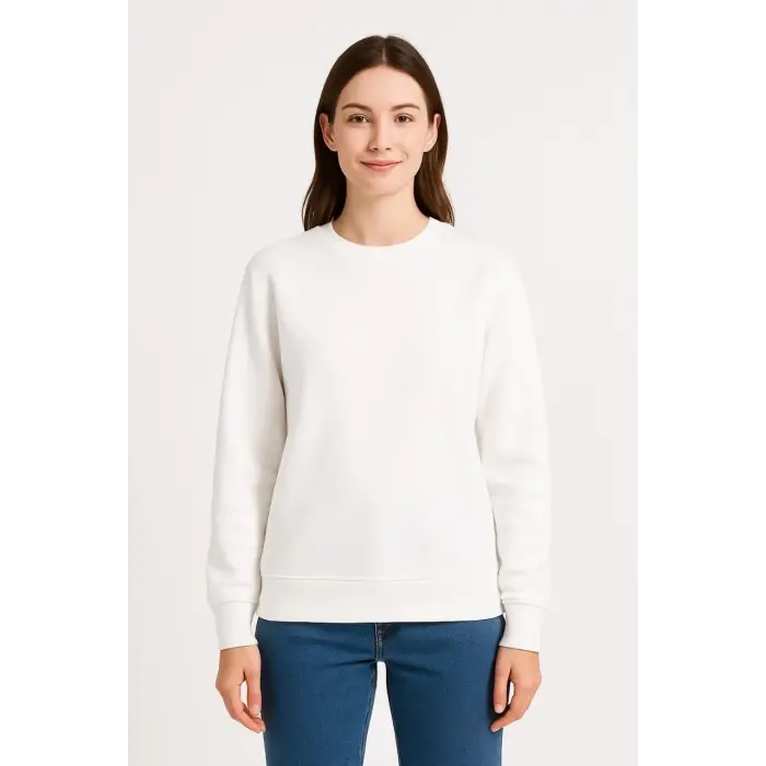 Kadın 3 İplik Pamuklu Düz Bisiklet Yaka SweatShirt - Beyaz