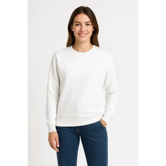 Kadın 3 İplik Pamuklu Düz Bisiklet Yaka SweatShirt - Beyaz