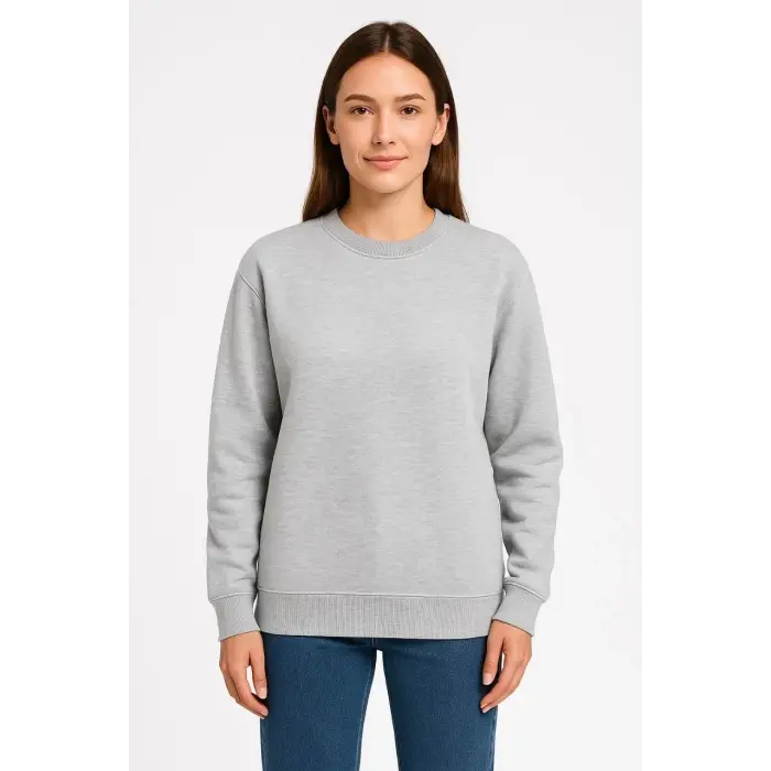 Kadın 3 İplik Pamuklu Düz Bisiklet Yaka SweatShirt - Gri