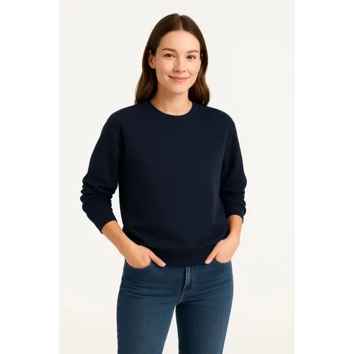 Kadın 3 İplik Pamuklu Düz Bisiklet Yaka SweatShirt - Lacivert