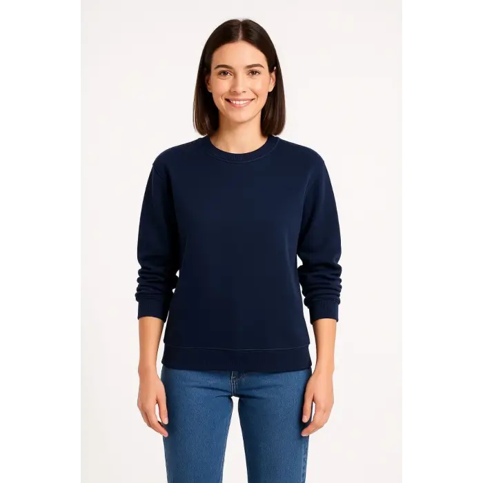 Kadın 3 İplik Pamuklu Düz Bisiklet Yaka SweatShirt - Lacivert