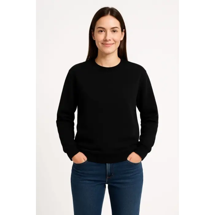 Kadın 3 İplik Pamuklu Düz Bisiklet Yaka SweatShirt - Siyah