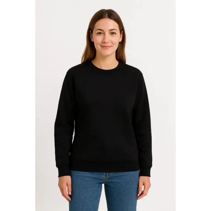 Kadın 3 İplik Pamuklu Düz Bisiklet Yaka SweatShirt - Siyah