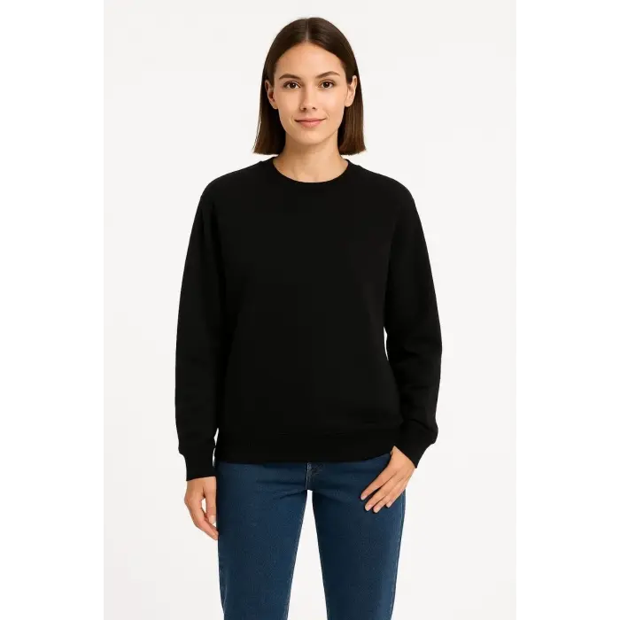 Kadın 3 İplik Pamuklu Düz Bisiklet Yaka SweatShirt - Siyah