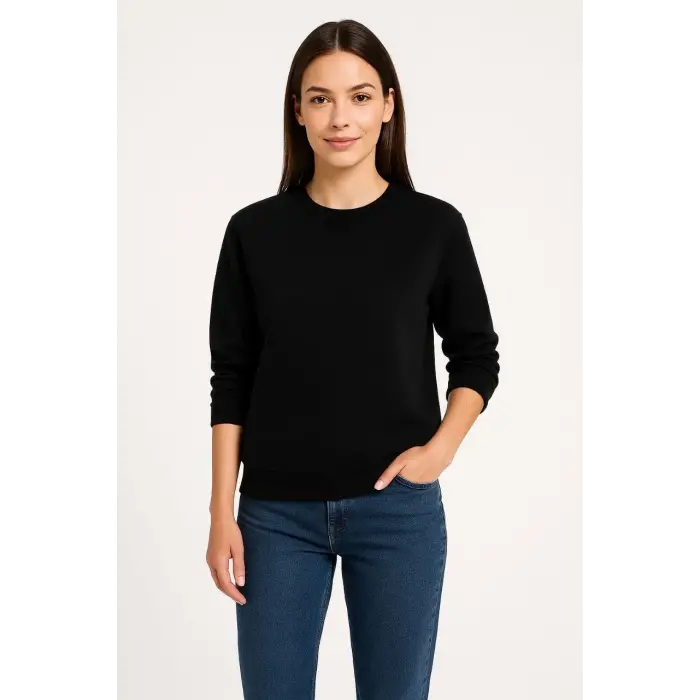 Kadın 3 İplik Pamuklu Düz Bisiklet Yaka SweatShirt - Siyah