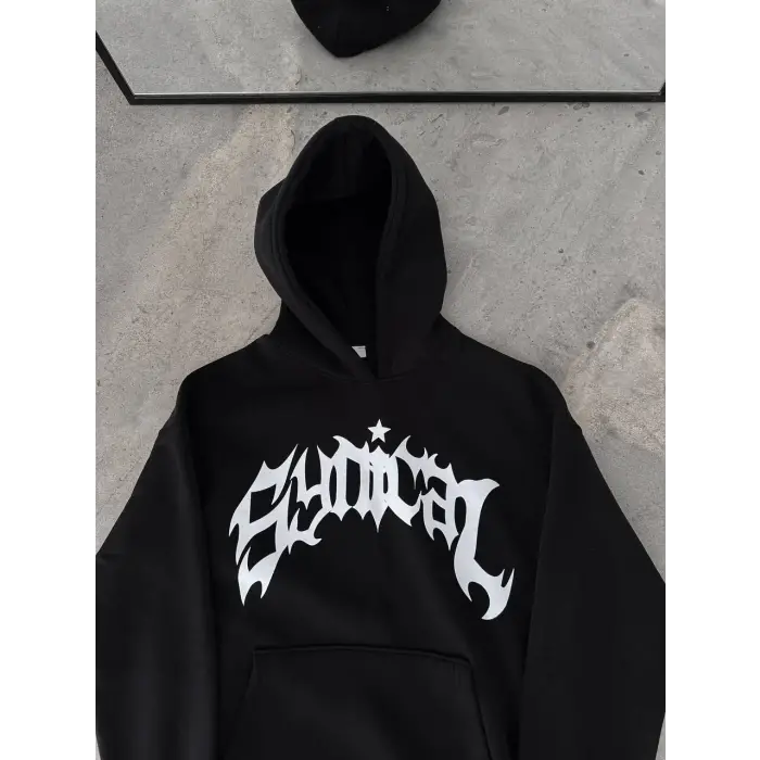 Kadın Kapüşonlu Kanguru Cepli Sweatshirt 3 İplik Pamuklu Baskılı Hoodie -  Siyah