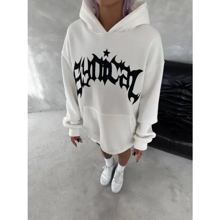 Kadın Oversize Kapüşonlu Cepli Baskılı 3 İplik Pamuklu Hoodie Sweatshirt - Beyaz