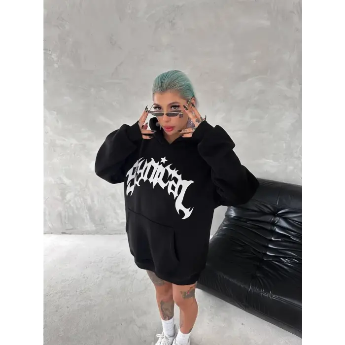 Kadın Oversize Kapüşonlu Cepli Baskılı 3 İplik Pamuklu Hoodie Sweatshirt - Siyah
