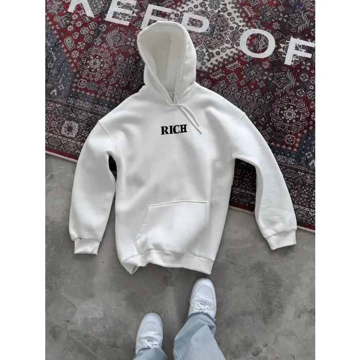 Kadın Kapüşonlu Kanguru Cepli Sweatshirt 3 İplik Pamuklu Baskılı Hoodie - Beyaz