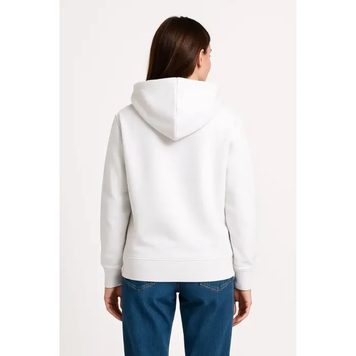 Kadın Kapüşonlu Kanguru Cepli 3 İplik Pamuklu Oversize Hoodie Sweatshirt - Beyaz