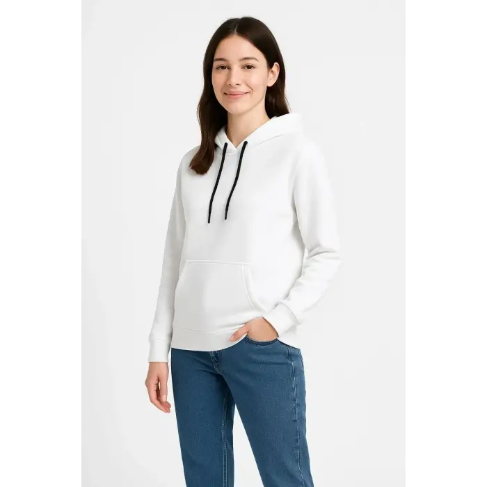 Kadın Kapüşonlu Kanguru Cepli 3 İplik Pamuklu Oversize Hoodie Sweatshirt - Beyaz