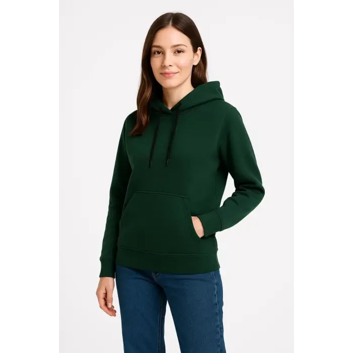 Kadın 3 İplik Pamuklu Kapüşonlu Kanguru Cepli Sweatshirt hoodie - Haki