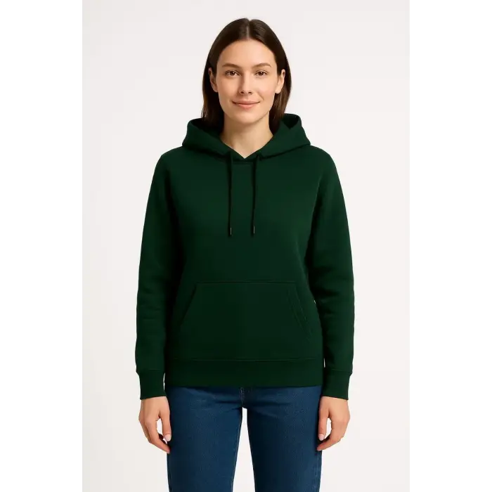 Kadın 3 İplik Pamuklu Kapüşonlu Kanguru Cepli Sweatshirt hoodie - Haki