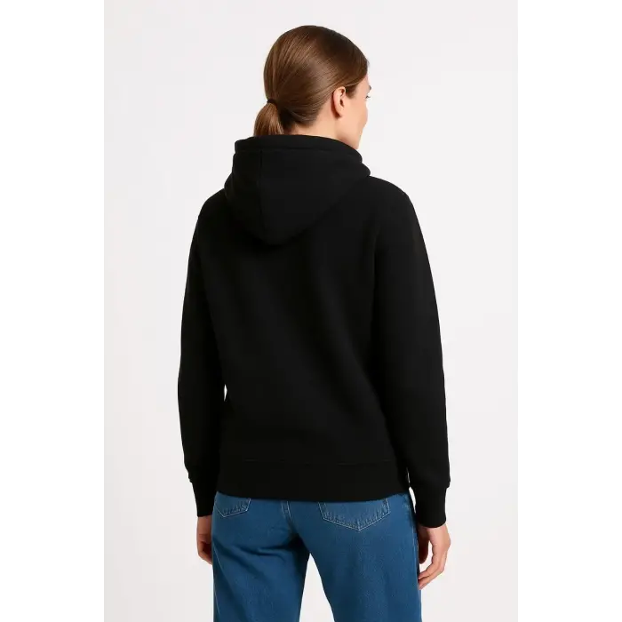 Kadın 3 İplik Pamuklu Kapüşonlu Kanguru Cepli Sweatshirt hoodie - Siyah