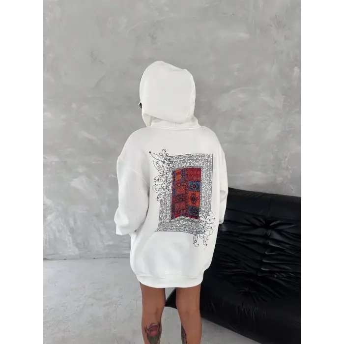 Kadın Kapüşonlu Kanguru Cepli Sweatshirt 3 İplik Pamuklu Baskılı Hoodie - Beyaz
