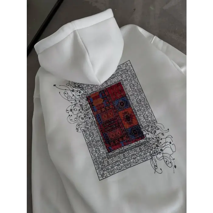 Kadın Kapüşonlu Kanguru Cepli Sweatshirt 3 İplik Pamuklu Baskılı Hoodie - Beyaz