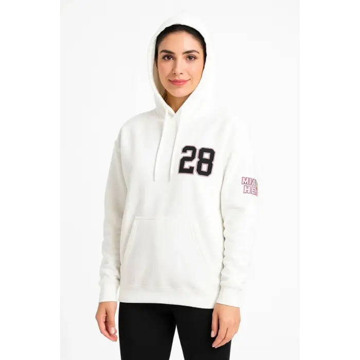 Kadın Kapüşonlu Kanguru Cepli Sweatshirt 3 İplik Pamuklu Baskılı Hoodie - Beyaz